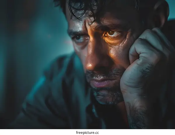 Portrait of a man with a beard and a pensive expression on his face