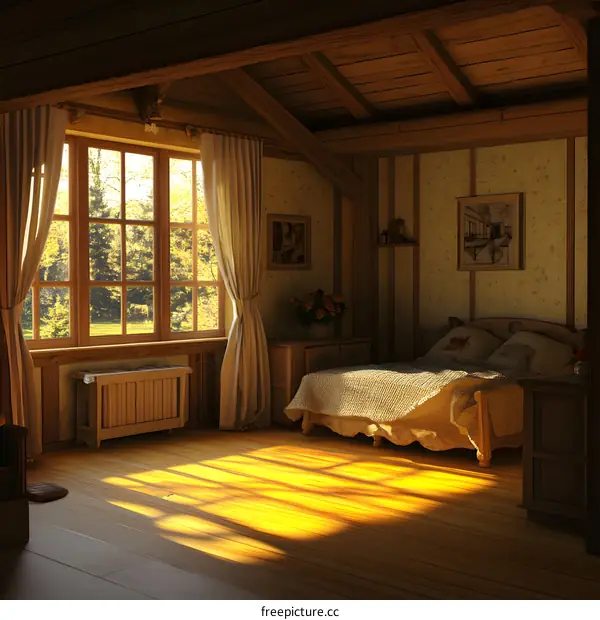 Sunlight Streaming Through Window in Rustic Bedroom