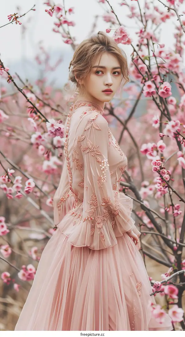 Elegant Woman in Cherry Blossom Dress