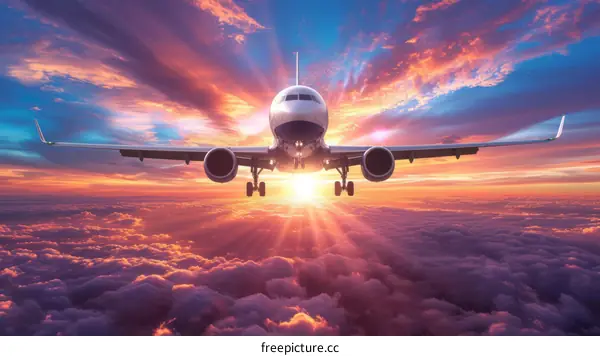 Airplane Flying Over Clouds in Sunset