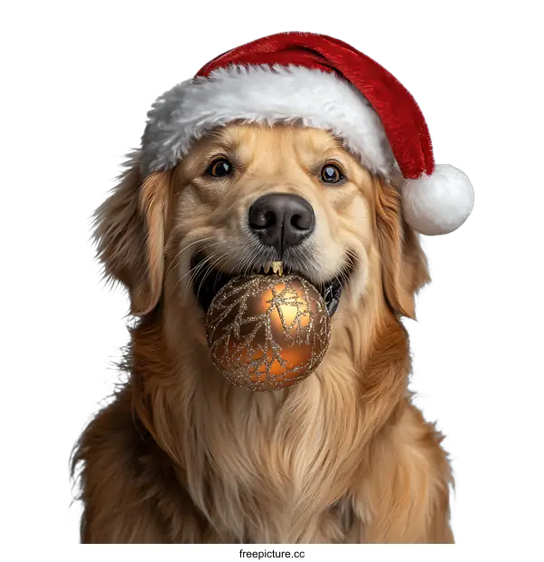 [Transparent Background PNG]Golden Retriever Dog Wearing Santa Hat with Christmas Ornament