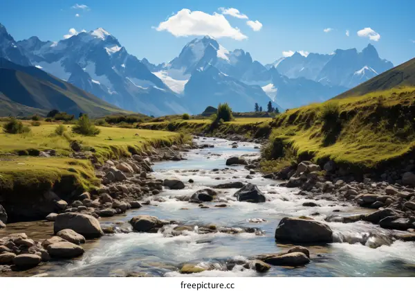Mountain River Valley With Snowcapped Peaks in the Distance