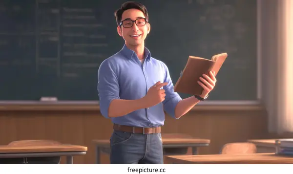 Male teacher standing in front of a blackboard smiling and holding a book