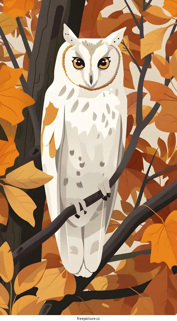 White Owl Perched on Branch with Autumn Leaves