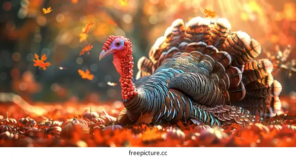 A majestic turkey sits in a field of pumpkins