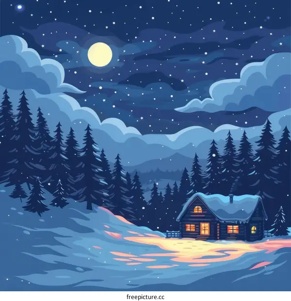 Cozy Cabin in a Snowy Forest at Night