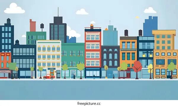 Cityscape Illustration with Buildings and People