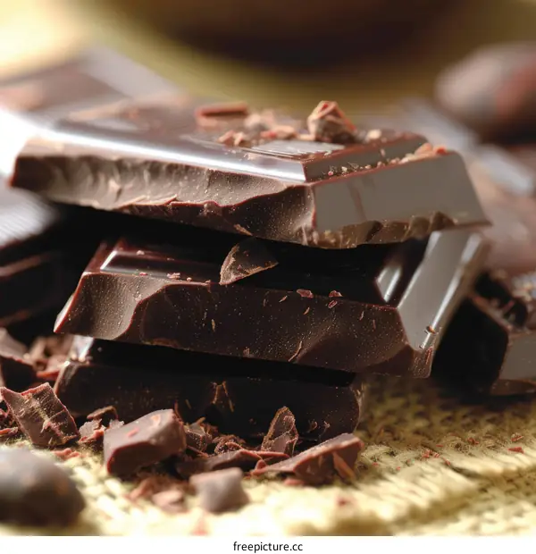A stack of dark chocolate bars on burlap with cocoa nibs scattered around