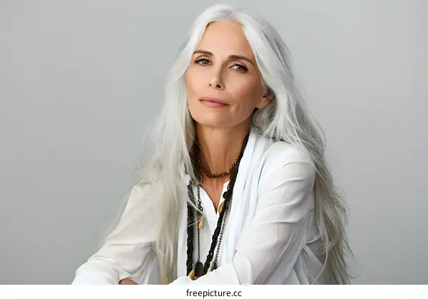 portrait of a beautiful mature woman with long white hair