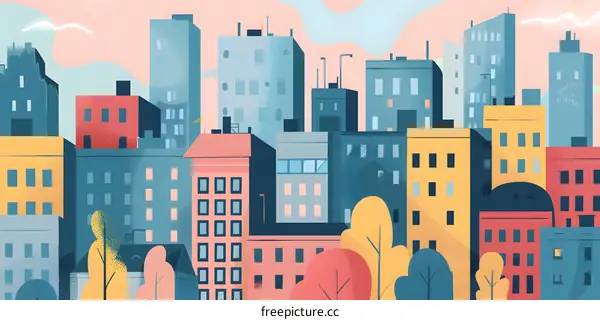 Colorful Cityscape Illustration with Buildings and Trees