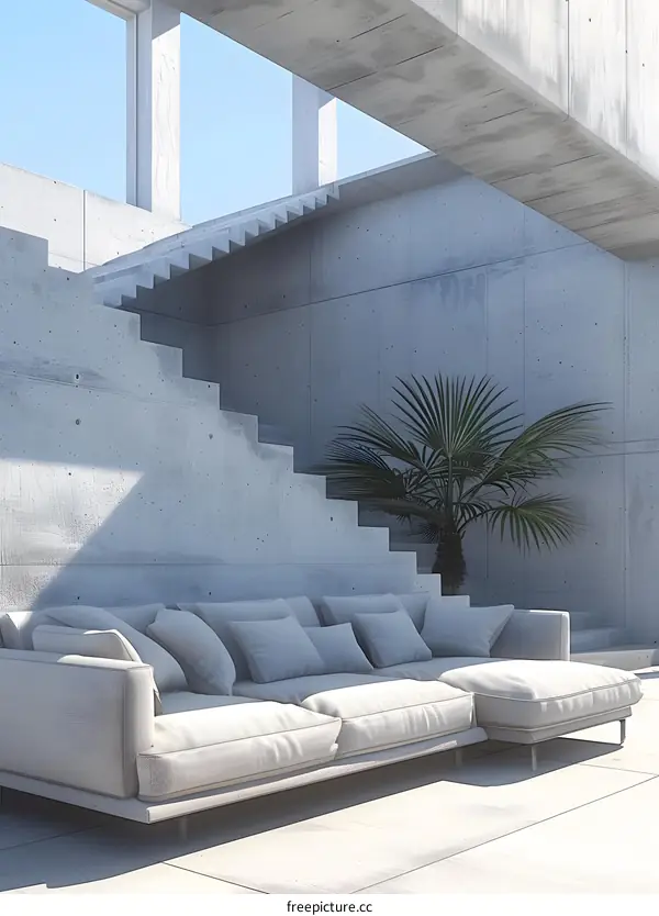Minimalist Concrete Patio With Sectional Sofa and Palm Tree