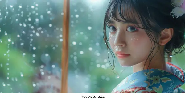 Portrait of a beautiful Asian woman in traditional Japanese clothing standing in the rain.