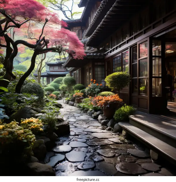 Courtyard with cherry blossoms and stone path