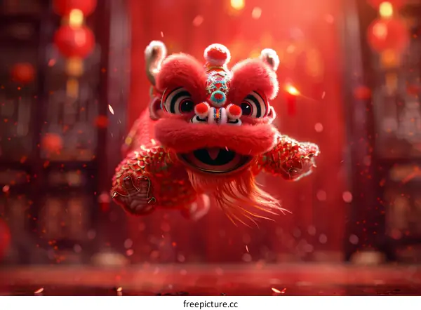 A red-and-gold lion performing the lion dance for Chinese Lunar New Year