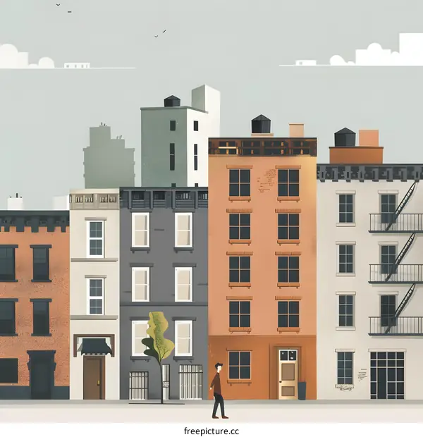 Man Walking in Front of City Buildings