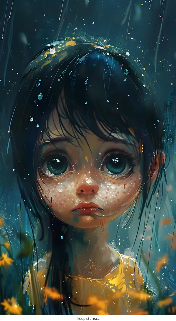 A girl with big eyes is standing in the rain