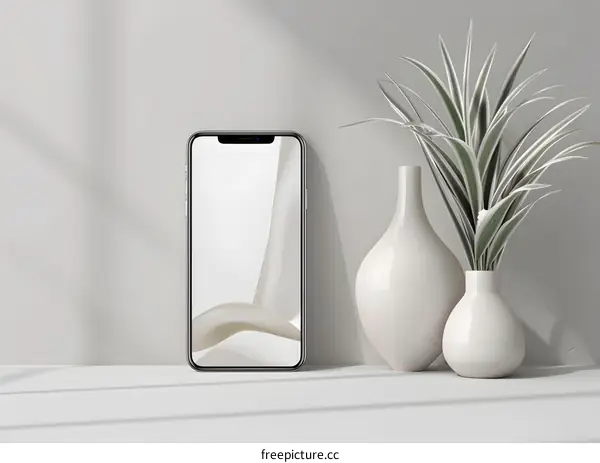 Minimalist Smartphone Mockup With White Vase And Green Plant