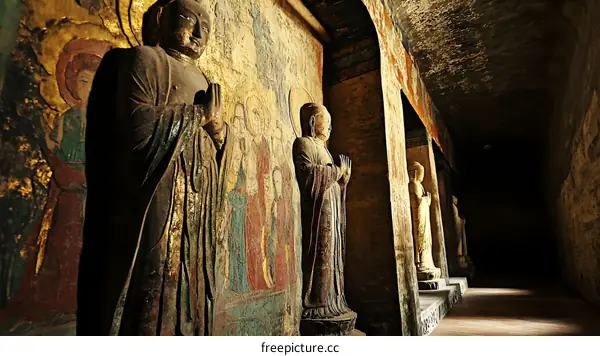 Ancient Stone Buddha Statues in a Cave Temple