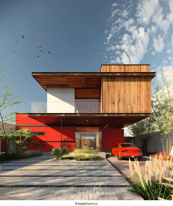 A modern house with a red wall and a wooden garage