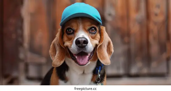 A happy beagle dog wearing a blue hat