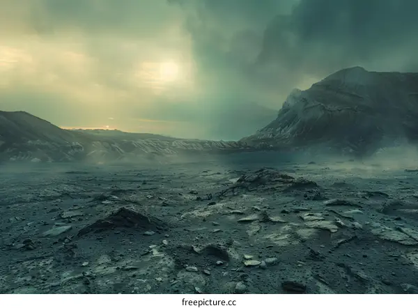 A barren alien landscape with large rocks and mountains in the background