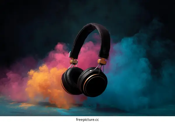 Stylish Black Headphones against Colorful Smoke