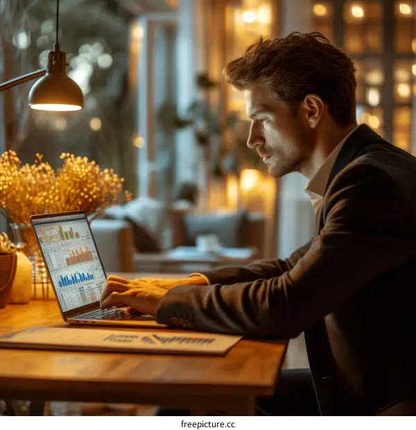 Businessman analyzing financial data on laptop computer