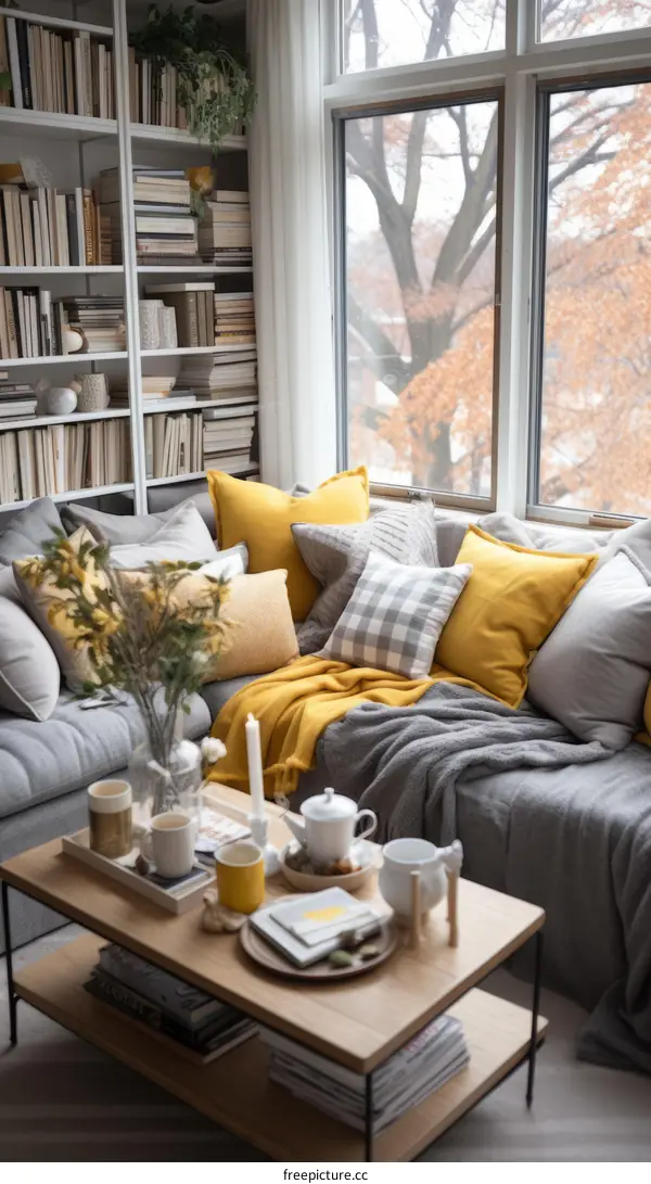 Cozy Living Room with Sectional Sofa and Autumn Vibes