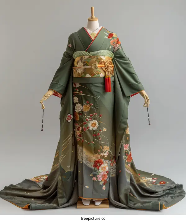 A woman wearing a green kimono with floral patterns