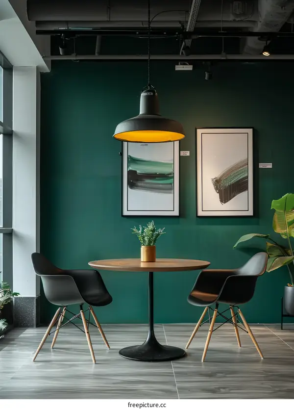 Black chairs and table in a room with green walls and paintings