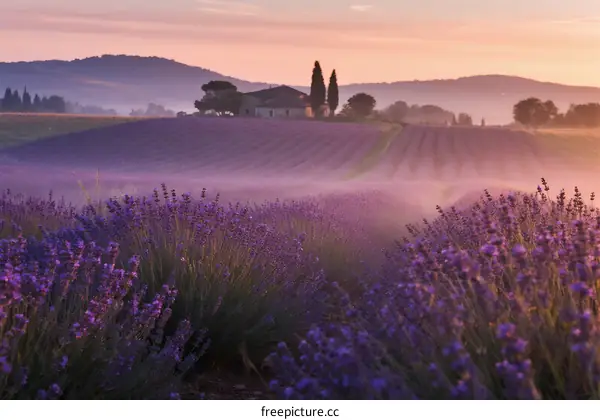 Beautiful Lavender Field at Sunrise with Mist and Rural House