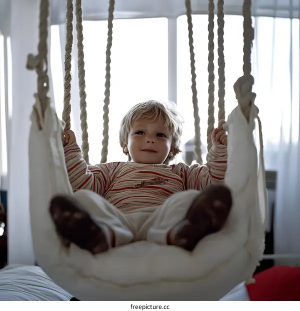 Little Boy Sitting in Hanging Chair