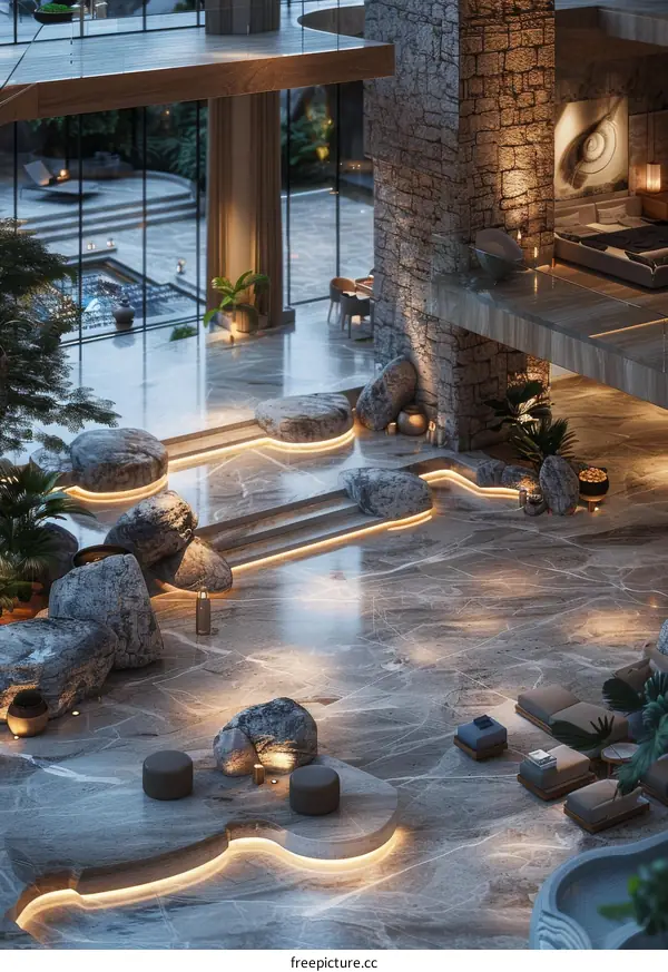Luxury Modern Interior Design with Stone and Water Features