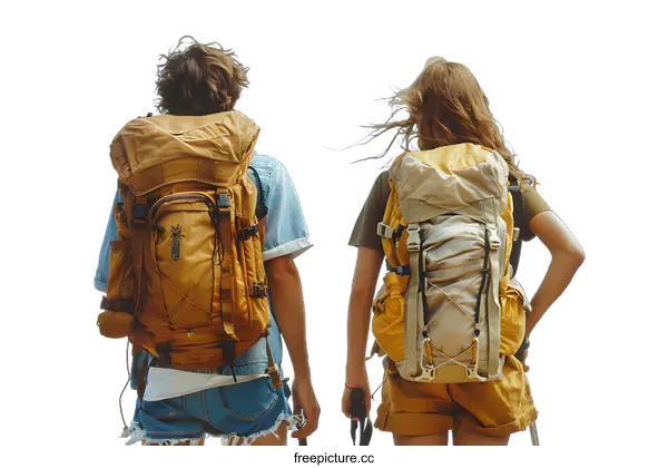 [Transparent Background PNG]Two people with backpacks are hiking in the mountains.