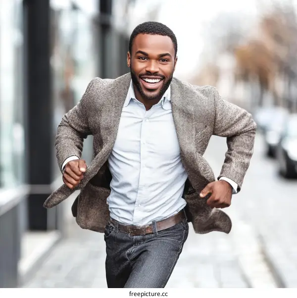 African Man in a Hurry on the City Street