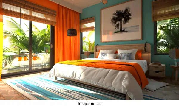Tropical Bedroom Interior Design with Palm Tree Art