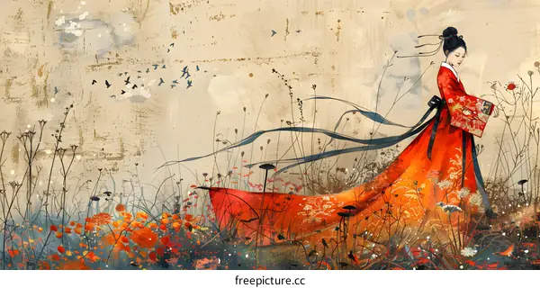 A digital painting of a woman in a red dress walking through a field of flowers.