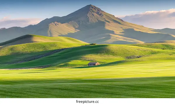 Rolling Hills and a Small Farmhouse at Sunrise