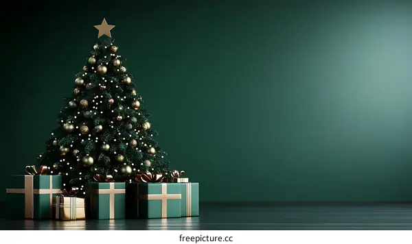 Christmas Tree with Presents on Dark Green Background
