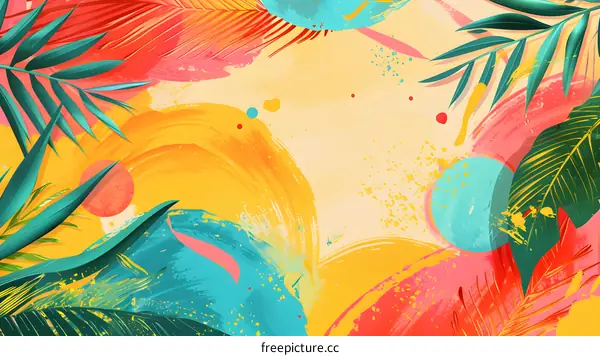 Tropical Abstract Background With Palm Leaves And Colorful Paint Splashes