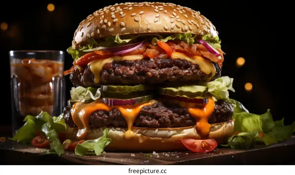 A delicious double cheeseburger with a side of fries and a drink