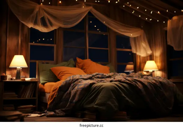A cozy bedroom with a comfortable bed, warm lighting, and a view of the night sky