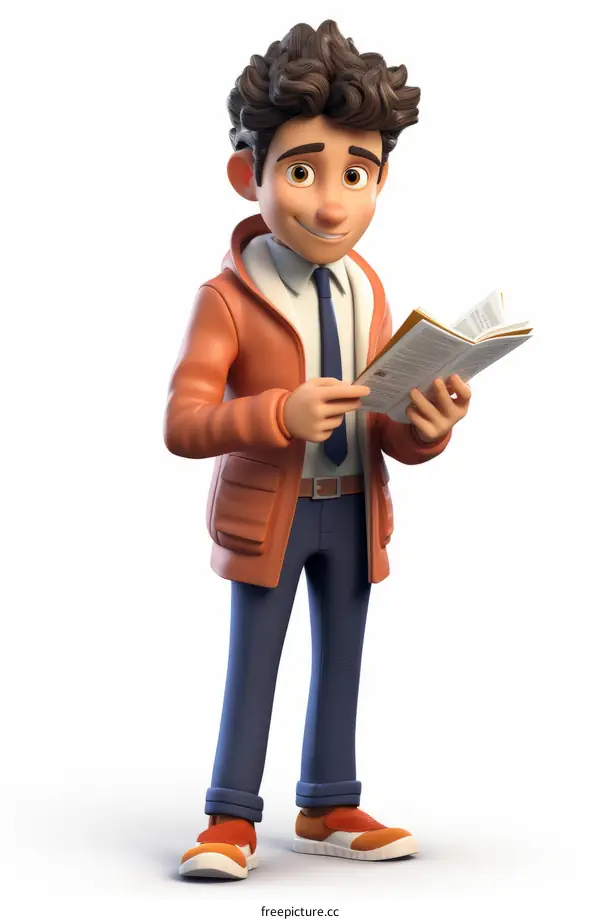 A cartoon character of a young man reading a book