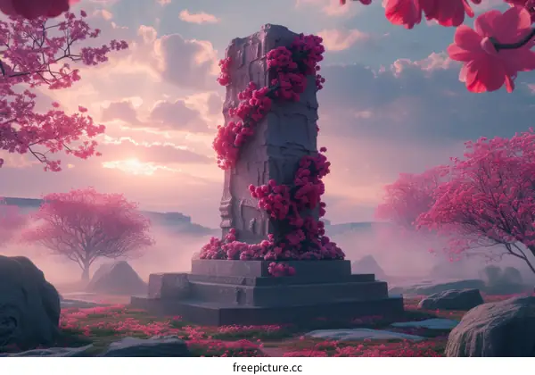 Ancient Stone with Overgrowth of Pink Flowers