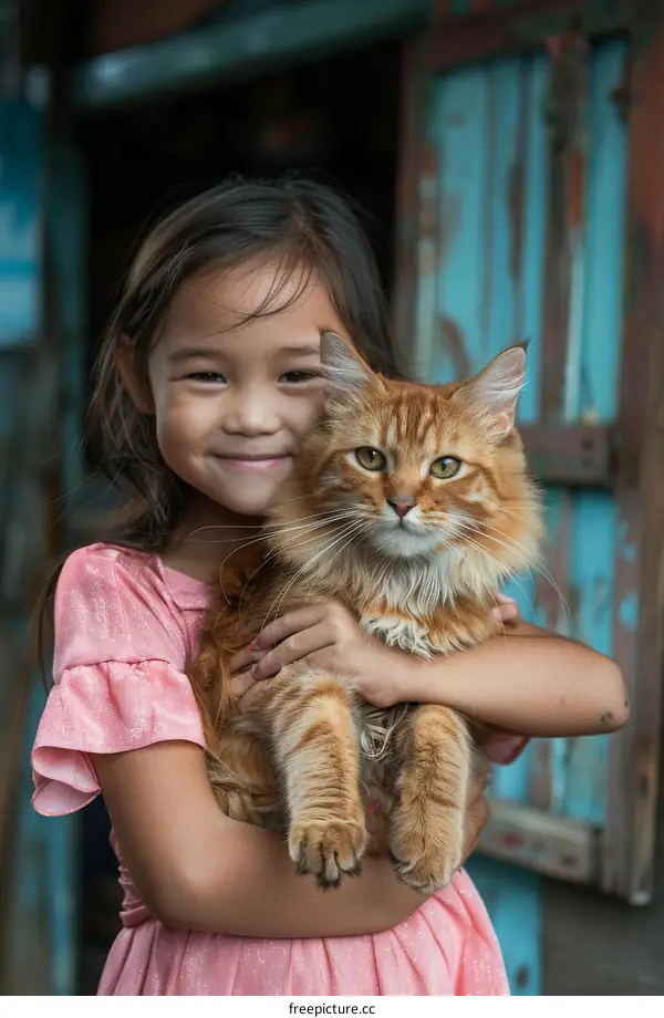 Little Asian girl hugging an orange cat