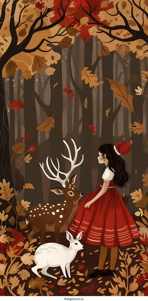 Autumn Forest Girl and Two Deer Illustration