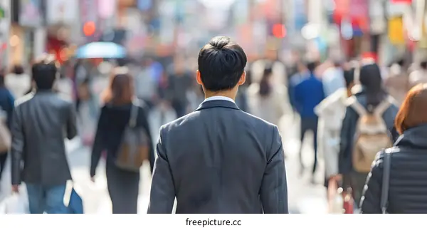 Back View of a Man Walking in a Crowd
