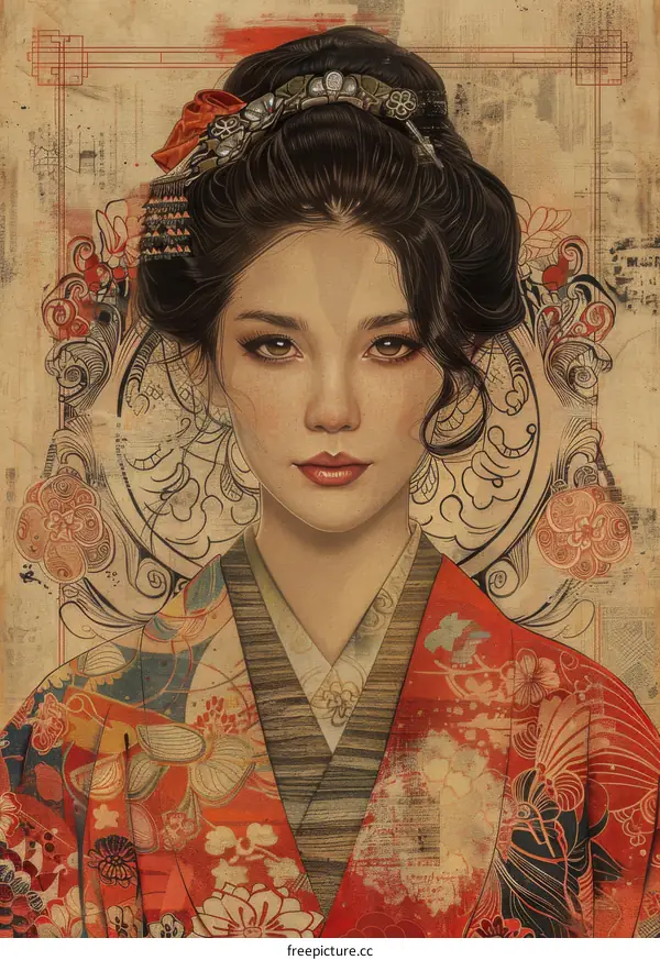 An illustration of a Japanese woman in a red kimono with a floral pattern and a white obi.