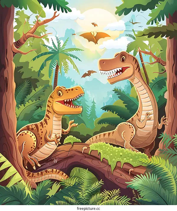 Two Cartoon Dinosaurs in the Jungle