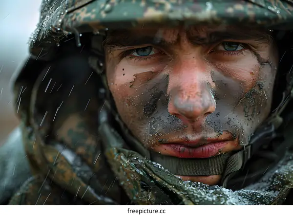 Portrait of a soldier with mud on his face
